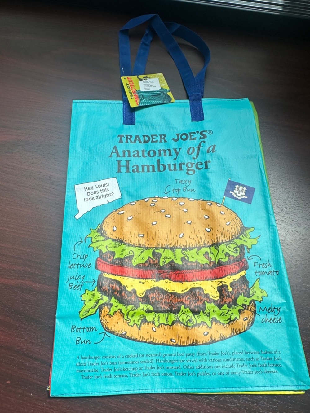 Trader Joe's Connecticut  Blue 'Anatomy of a Hamburger' Reusable Tote